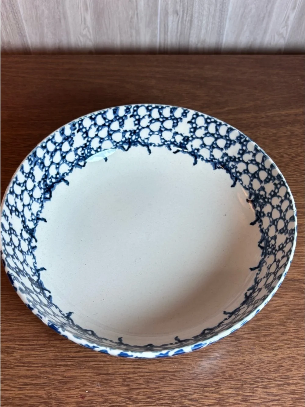 Vintage Blue & White Stoneware Sponge Painted Decorative Bowl